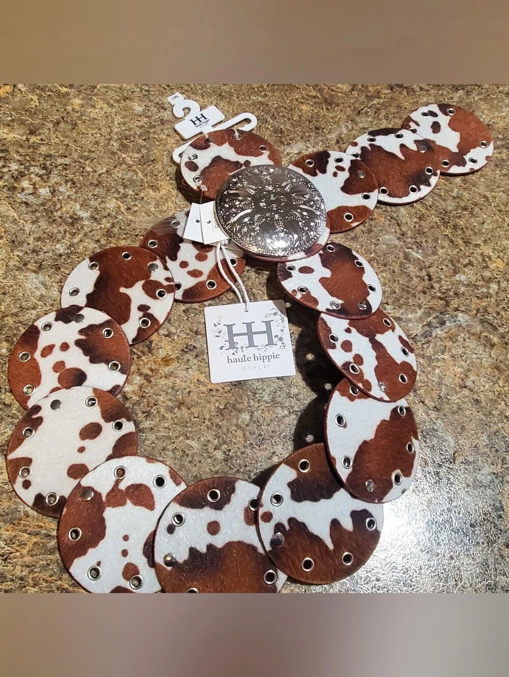 HAUTE HIPPIE NWT SMALL MED. BELT. STATEMENT. COWPRINT FLORAL CONCHO